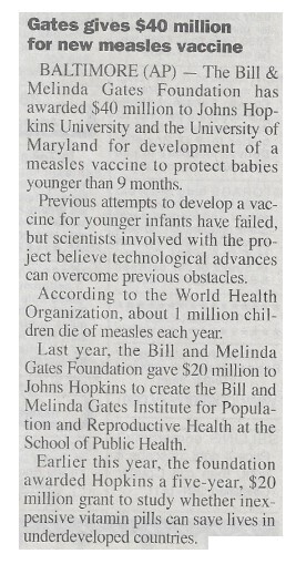 Gates, Bill / Gates Gives $40 Million for New Measles Vaccine | August 2000