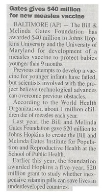 Gates, Bill / Gates Gives $40 Million for New Measles Vaccine | August 2000