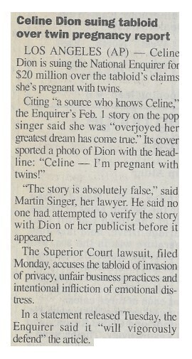 Dion, Celine / Suing Tabloid Over Twin Pregnancy Report | March 2000