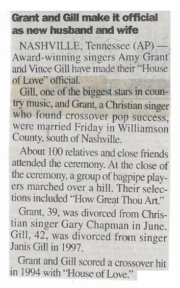 Grant, Amy / Grant and Gill Make It Official As New Husband and Wife | March 2000