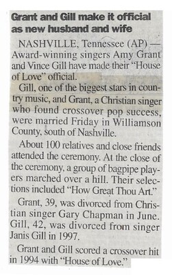 Grant, Amy / Grant and Gill Make It Official As New Husband and Wife | March 2000