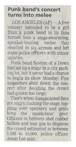 System of a Down / Punk Band's Concert Turns Into Melee | Newspaper Article | September 2001