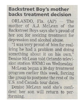 Backstreet Boys / Backstreet Boy&#39;s Mother Backs Treatment Decision | Newspaper Article | July 2001