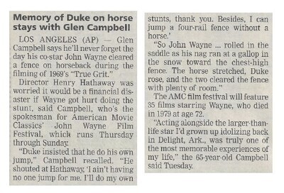 Campbell, Glen / Memory of Duke on Horse Stays with Glen Campbell | Newspaper Article | July 2001