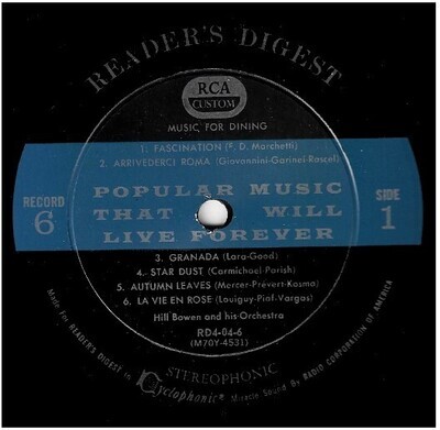 Bowen, Hill / Music For Dining | Reader&#39;s Digest RD4-04-6 | 12 Inch Vinyl Album (33 RPM) | 1961