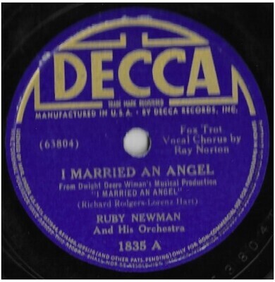 Newman, Ruby / I Married An Angel | Decca 1835 | 10 Inch Shellac Single (78 RPM) | May 1938