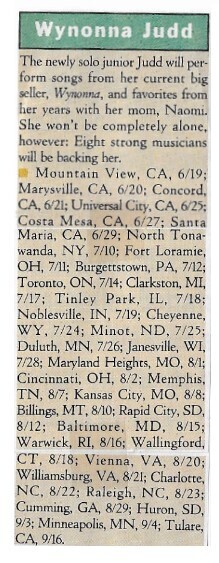 Judd, Wynonna / Tour Dates and Story | Magazine Article | 1992