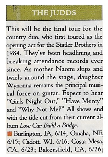 Judds, The / Tour Dates and Story | Magazine Article | 1991
