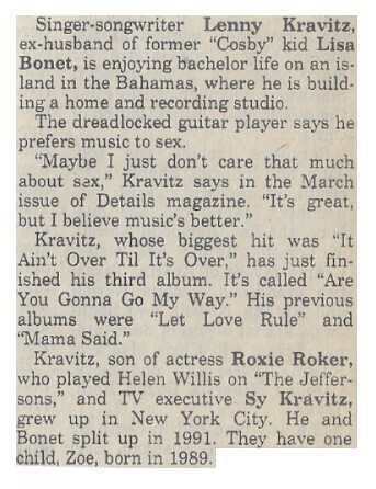 Kravitz, Lenny / Enjoying Bachelor Life | Newspaper Article | March 1993