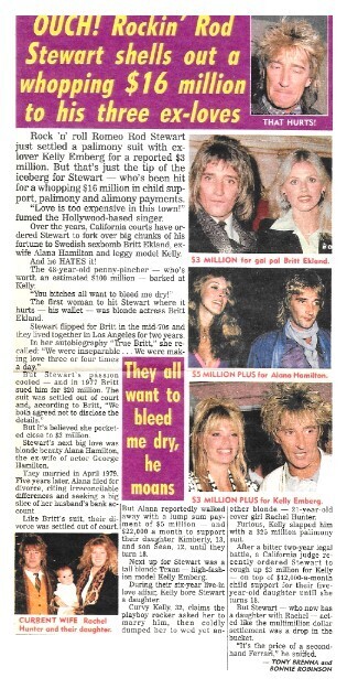 Stewart, Rod / Ouch! Rockin' Rod Stewart Shells Out a Whopping $16 Million to His Three Ex-Loves / 1992