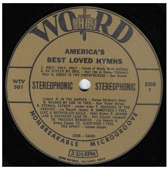 Various Artists / America's Best Loved Hymns | Word WTV-501 | 12 Inch Vinyl Album (33 RPM) | 1969