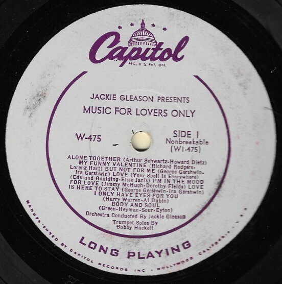 Gleason, Jackie / Music For Lovers Only - Music to Make You Misty | Capitol W-475 | Mono | 1954