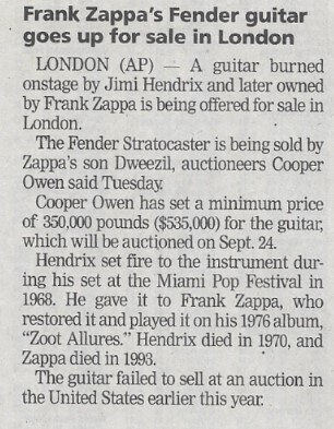 Zappa, Frank / Frank Zappa&#39;s Fender Guitar Goes Up for Sale in London | August 2002
