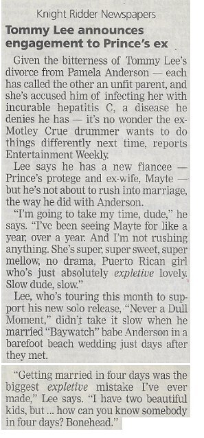Lee, Tommy / Tommy Lee Announces Engagement to Prince's Ex | August 2002