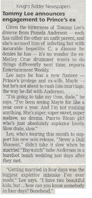 Lee, Tommy / Tommy Lee Announces Engagement to Prince's Ex | August 2002