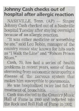 Cash, Johnny / Johnny Cash Checks Out of Hospital After Allergic Reaction | August 2002