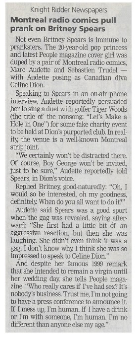Spears, Britney / Montreal Radio Comics Pull Prank On Britney Spears | August 2002