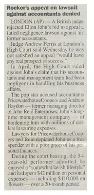 John, Elton / Rocker's Appeal On Lawsuit Against Accountants Denied | June 2001