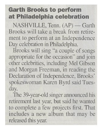 Brooks, Garth / Garth Brooks to Perform at Philadelphia Celebration | June 2001
