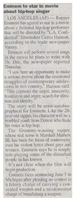 Eminem / Eminem to Star in Movie About Hip-Hop Singer | June 2001