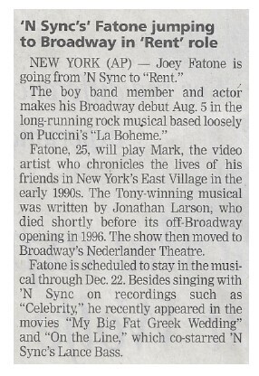 NSYNC / NSYNC&#39;s Fatone Jumps to Broadway in Rent Role | July 2002