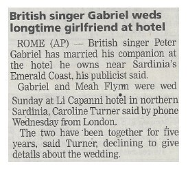 Gabriel, Peter / British Singer Gabriel Weds Longtime Girlfriend at Hotel | June 2002