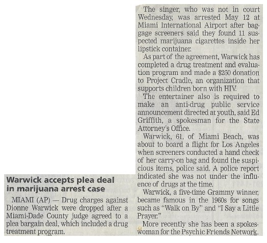 Warwick, Dionne / Warwick Accepts Plea Deal in Marijuana Arrest Case | June 2002