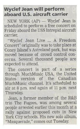Jean, Wyclef / Wyclef Jean Will Perform Aboard U.S. Aircraft Carrier | June 2002