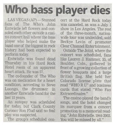 Who, The / Who Bass Player Dies | June 2002