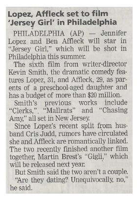 Lopez, Jennifer / Lopez, Affleck Set to Film Jersey Girl in Philadelphia | June 2002