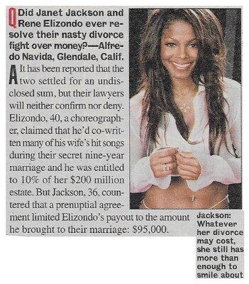 Jackson, Janet / Nasty Divorce Fight Over Money | August 2002