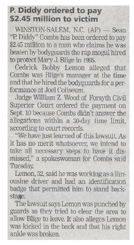 Combs, Sean (Puffy) / P. Diddy Ordered to Pay $2.45 Million to Victim / 2002