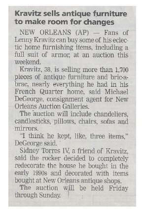 Kravitz, Lenny / Kravitz Sells Antique Furniture to Make Room for Changes | September 2002