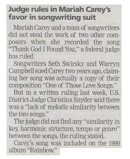 Carey, Mariah / Judge Rules in Mariah Carey's Favor in Songwriting Suit / 2002