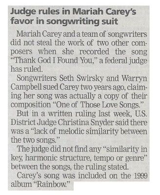 Carey, Mariah / Judge Rules in Mariah Carey's Favor in Songwriting Suit / 2002