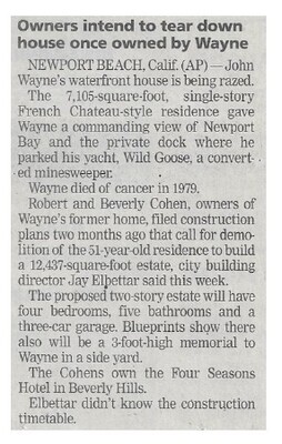 Wayne, John / Owners Intend to Tear Down House Once Owned by Wayne | September 2002