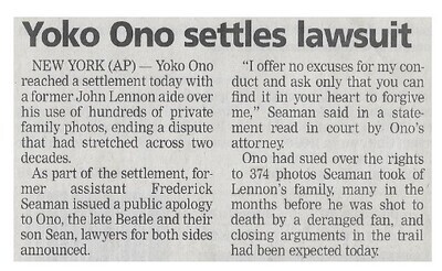 Ono, Yoko / Yoko Ono Settles Lawsuit | September 2002
