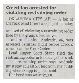 Creed / Creed Fan Arrested for Violating Restraining Order | October 2002