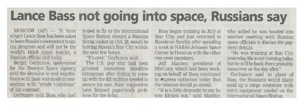 NSYNC / Lance Bass Not Going Into Space, Russians Say | September 2002