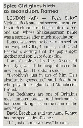 Spice Girls / Spice Girl Gives Birth to Second Son, Romeo | September 2002