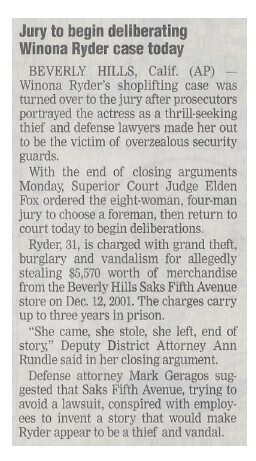 Ryder, Winona / Jury to Begin Deliberating Winona Ryder Case Today | November 2002