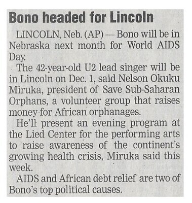 U2 / Bono Headed For Lincoln | November 2002