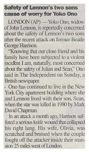 Ono, Yoko / Safety of Lennon's Two Sons Cause of Worry for Yoko Ono | January 2000