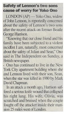 Ono, Yoko / Safety of Lennon's Two Sons Cause of Worry for Yoko Ono | January 2000