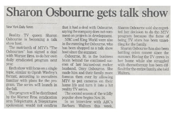 Osbourne, Sharon / Sharon Osbourne Gets Talk Show | November 2002