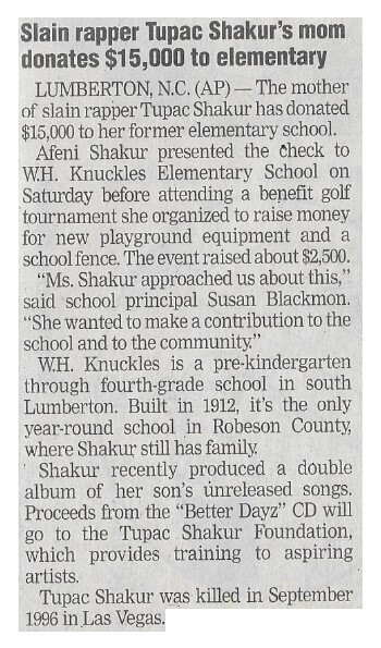 Shakur, Tupac / Slain Rapper Tupac Shakur&#39;s Mom Donates $15,000 to Elementary | November 2002