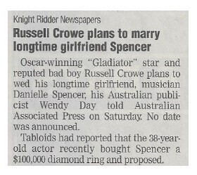 Crowe, Russell / Russell Crowe Plans to Marry Longtime Girlfriend Spencer / 2002