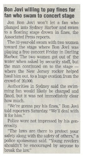 Bon Jovi / Bon Jovi Willing to Pay Fines for Fan Who Swam to Concert Stage / 2002