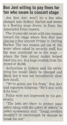 Bon Jovi / Bon Jovi Willing to Pay Fines for Fan Who Swam to Concert Stage / 2002
