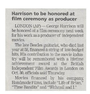 Harrison, George / Harrison to be Honored at Film Ceremony as Producer / 2002